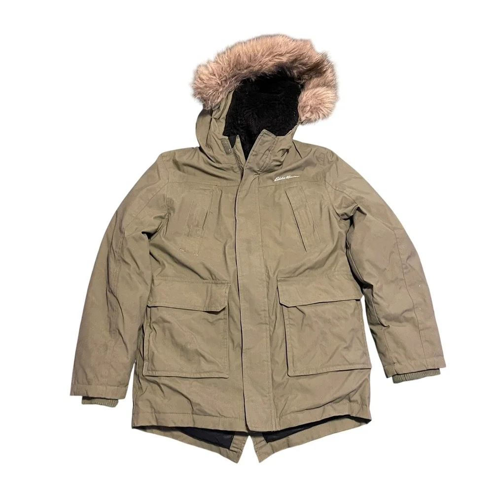 Eddie Bauer Kids Green Faux Fur Hood Down Insulated Parka‎ Jacket Size S 7/8